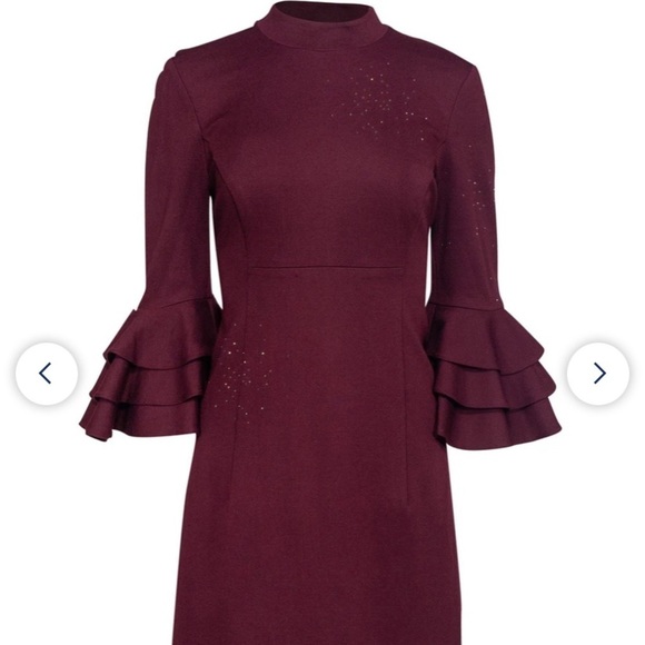 Trina Turk Dark Red Bell Sleeve Studded Turtleneck Mini Cocktail Dress - Picture 1 of 8